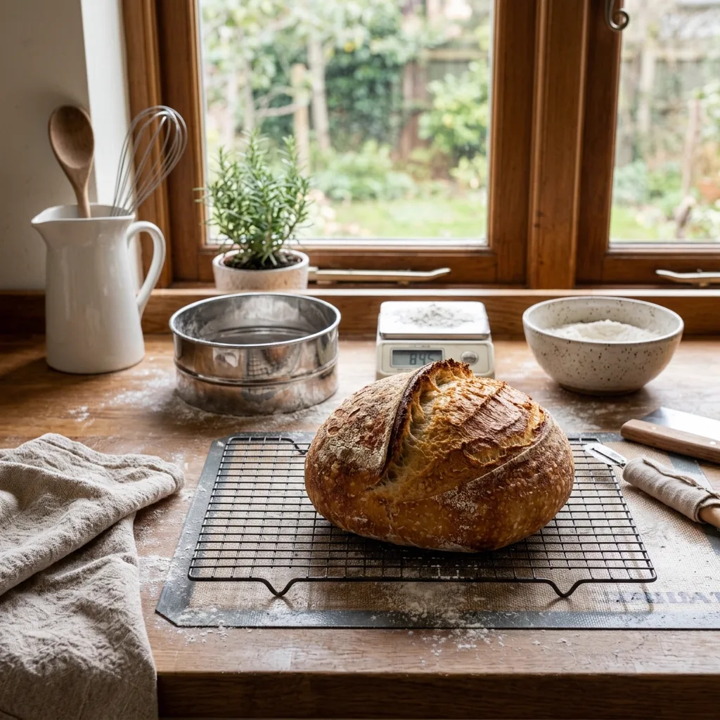 เปิดเตาอบขนมปัง Artisan Sourdough เปลือกกรอบเนื้อนุ่ม: รวม 4 ไอเทมแผ่นซิลิโคนรองอบ เครื่องชั่งดิจิทัล 0.1g ที่ร่อนแป้ง และเทอร์โมมิเตอร์เตาอบ